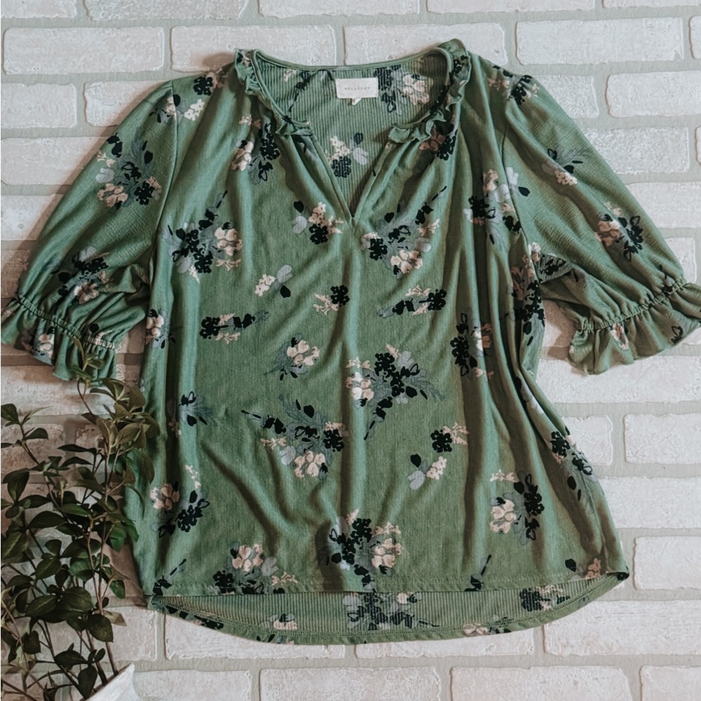 Anthropologie Melloday Women’s Top | 3/4 Sleeve Smocked Cuff Peasant Floral | XL